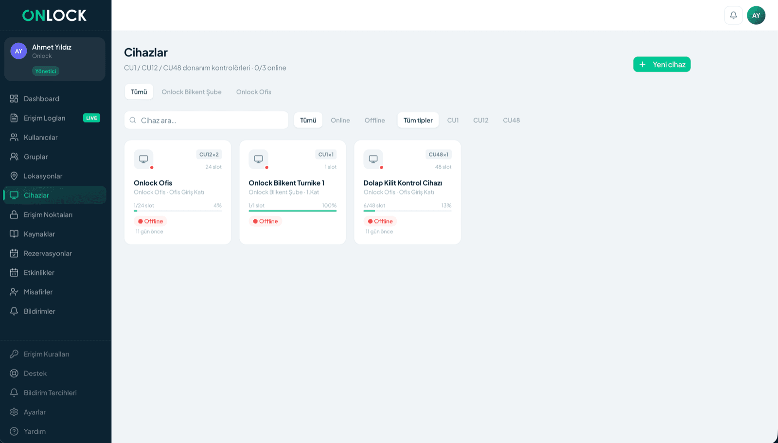 Onlock panel, device inventory with online/offline status