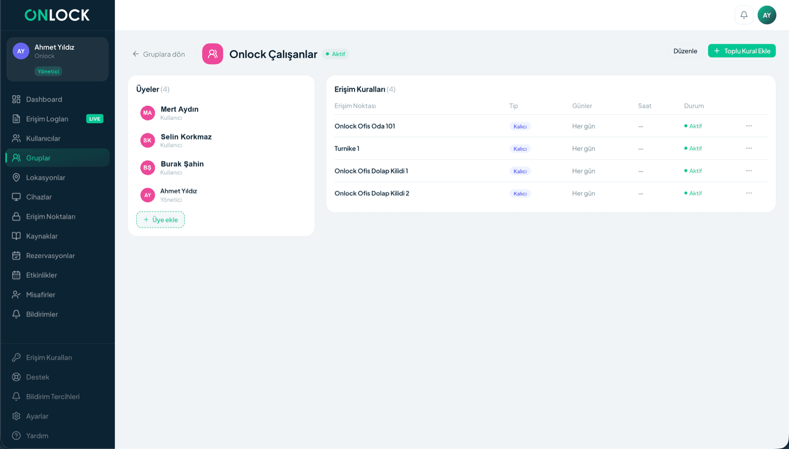 Onlock panel, group members and access rules