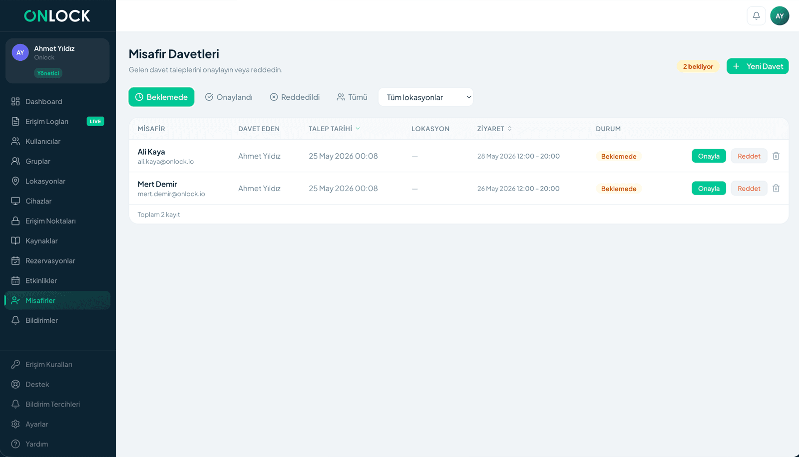 Onlock panel, guest invitation approvals