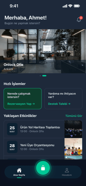 Onlock mobile app, home screen
