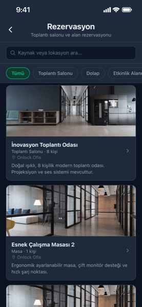 Onlock mobile app, bookings (meeting room, desk, locker)