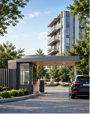 Site girişinde güvenlik kulübesi ve otopark bariyeri